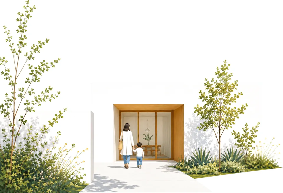 A parent and child walk up a garden path to a glass doorway.