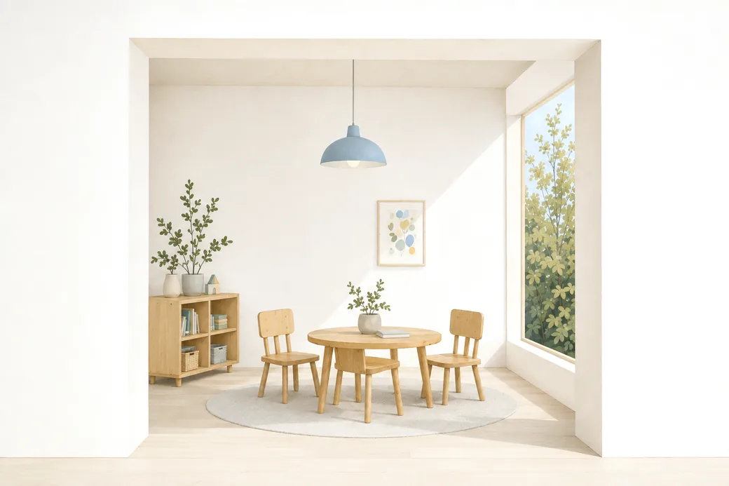 A quiet classroom with a small round table, three chairs and a bookshelf.