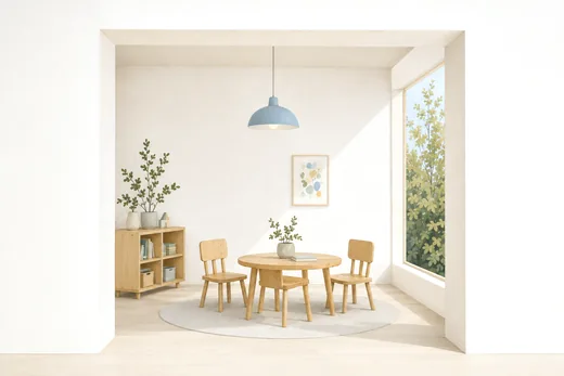An empty classroom seen through a wide opening: a small round table with three child-sized wooden chairs on a pale rug, a low shelf of books and baskets, a pendant lamp overhead and a tall window looking onto a flowering tree